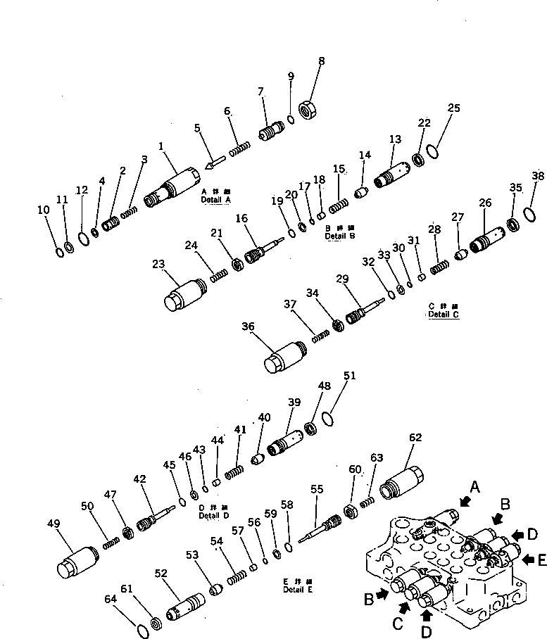 Komatsu parts book diagram for PC60-6S S/N 28001-UP: HYDRAULIC CONTROL VALVE ? R.H. (3/3) (EXCEPT BLADE SPEC.)