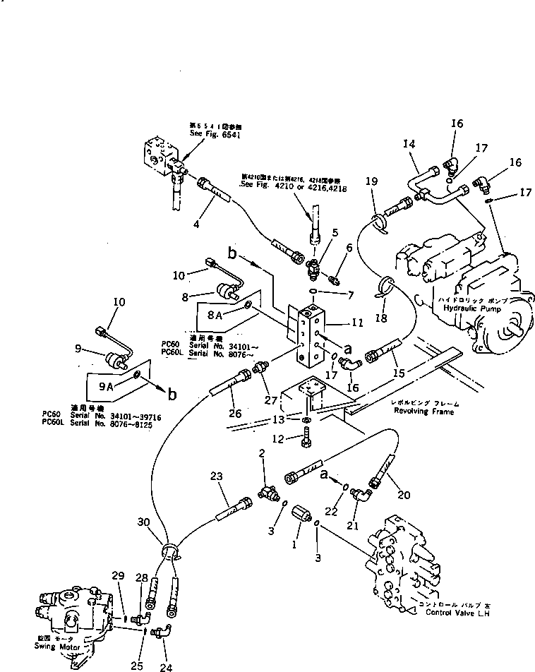 Komatsu parts book diagram for PC60-6S S/N 28001-UP: HYDRAULIC PIPING (PILOT CIRCUIT) (1/2) (FOR LONG LEVER CONTROL)