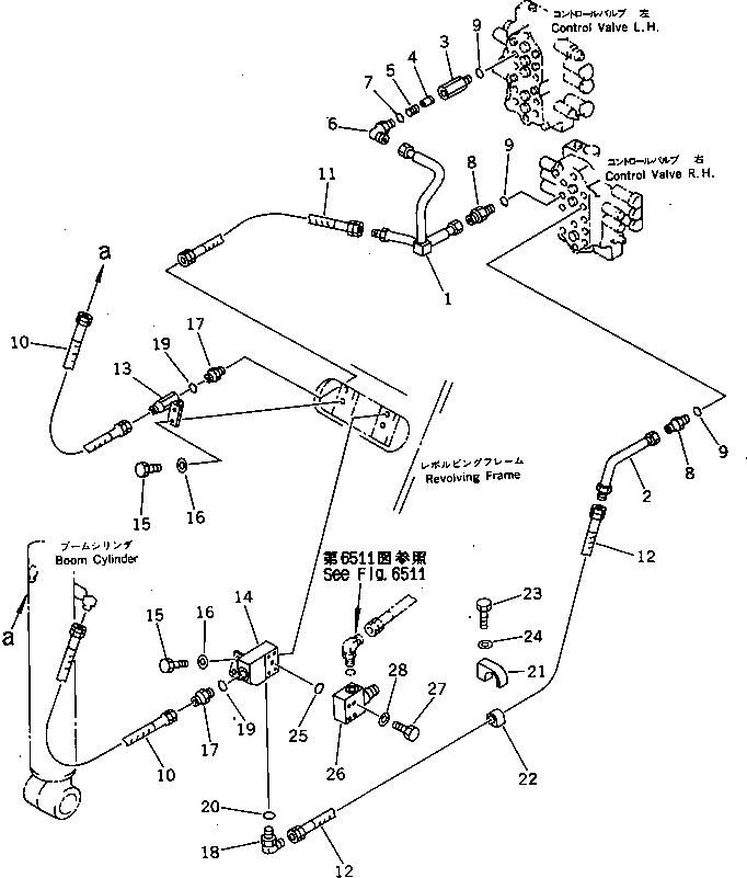 Komatsu parts book diagram for PC60-6S S/N 28001-UP: HYDRAULIC PIPING (BOOM CYLINDER LINE) (WITH BLADE)               (FOR LONG LEVER CONTROL)