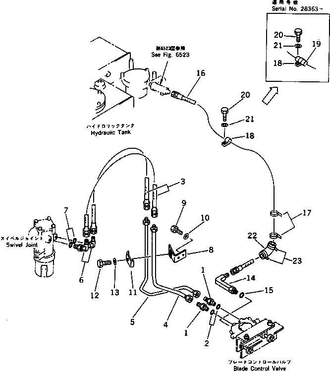 Komatsu parts book diagram for PC60-6S S/N 28001-UP: HYDRAULIC PIPING (BLADE CYLINDER LINE) (CHASSIS SIDE)
