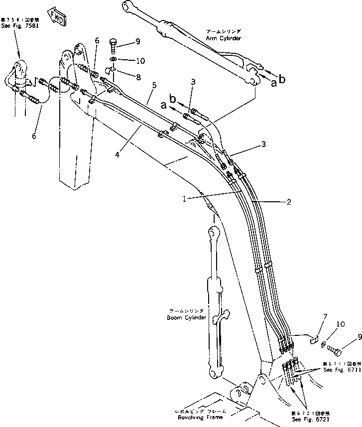 Komatsu parts book diagram for PC60-6S S/N 28001-UP: HYDRAULIC PIPING (ARM AND BUCKET CYLINDER LINE) (BOOM SIDE)