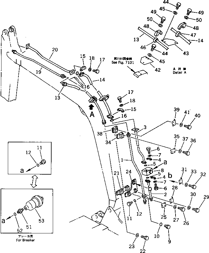 Komatsu parts book diagram for PC60-6S S/N 28001-UP: HYDRAULIC PIPING (FOR ATTACHMENT LINE) (WITH BRAKER PARTS)       (BOOM SIDE)(#34100-)