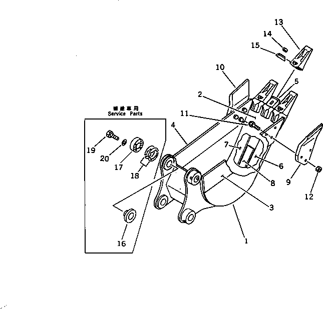 Komatsu parts book diagram for PC60-6S S/N 28001-UP: BUCKET ? 0.08M3 WIDTH 350MM