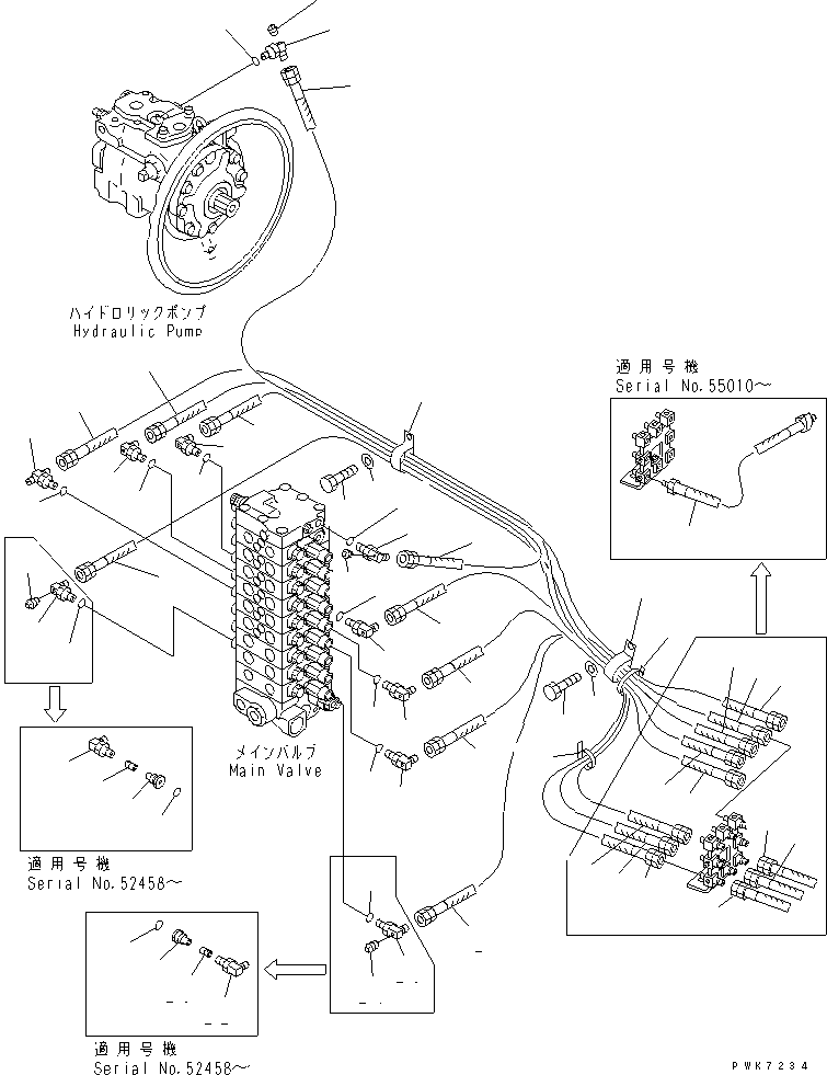 Komatsu parts book diagram for PC60-7 S/N 45001-UP: P.P.C. MAIN LINE (FOR QUICK COUPLER)(#52374-58000)