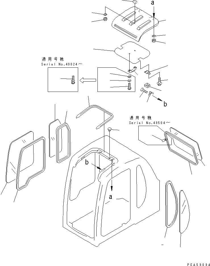 Komatsu parts book diagram for PC60-7 S/N 45001-UP: OPERATOR'S CAB (WINDOW AND ROOF VENTILATOR) (3/7)(#45001-52373)