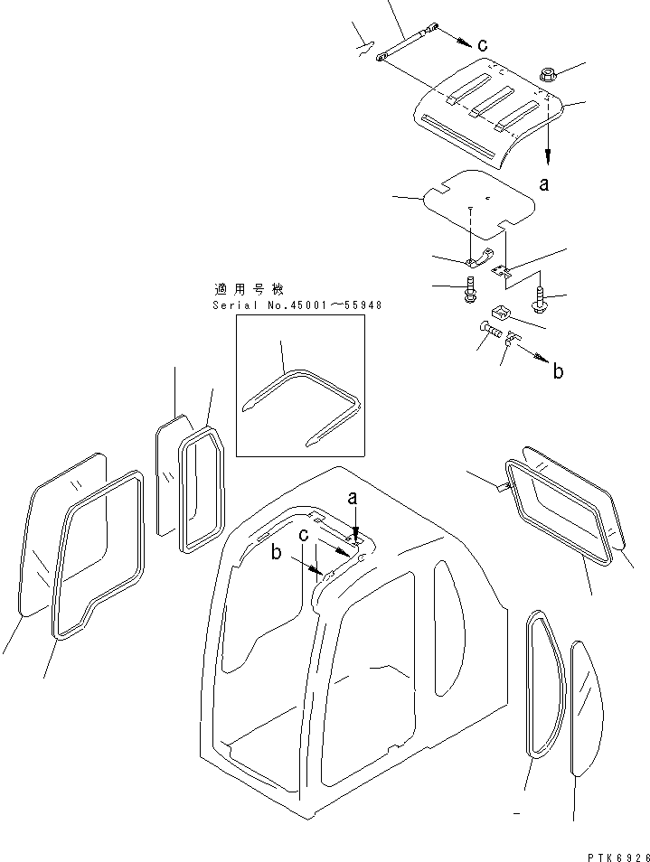 Komatsu parts book diagram for PC60-7 S/N 45001-UP: OPERATOR'S CAB (WINDOW AND ROOF VENTILATOR) (3/7)(#52374-)