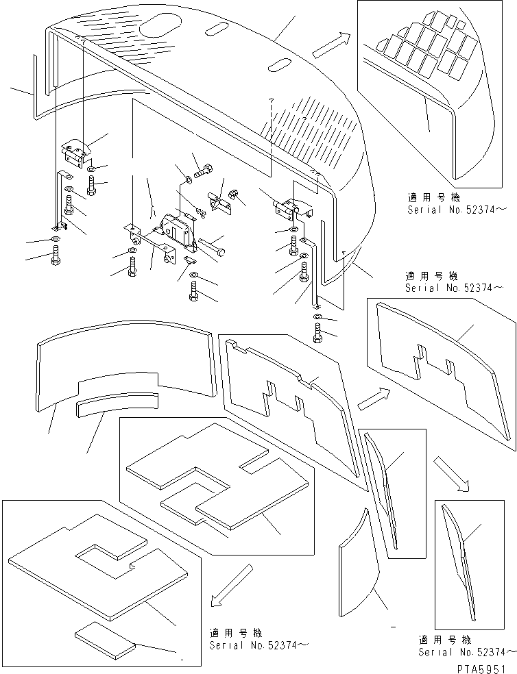 Komatsu parts book diagram for PC60-7 S/N 45001-UP: HOOD (HOOD) (WITH HOIST FOR CHASSIS ASS'Y)(#45001-58000)