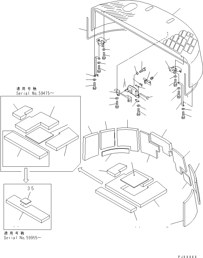 Komatsu parts book diagram for PC60-7 S/N 45001-UP: HOOD (HOOD) (WITH HOIST FOR CHASSIS ASS'Y)(#58001-)