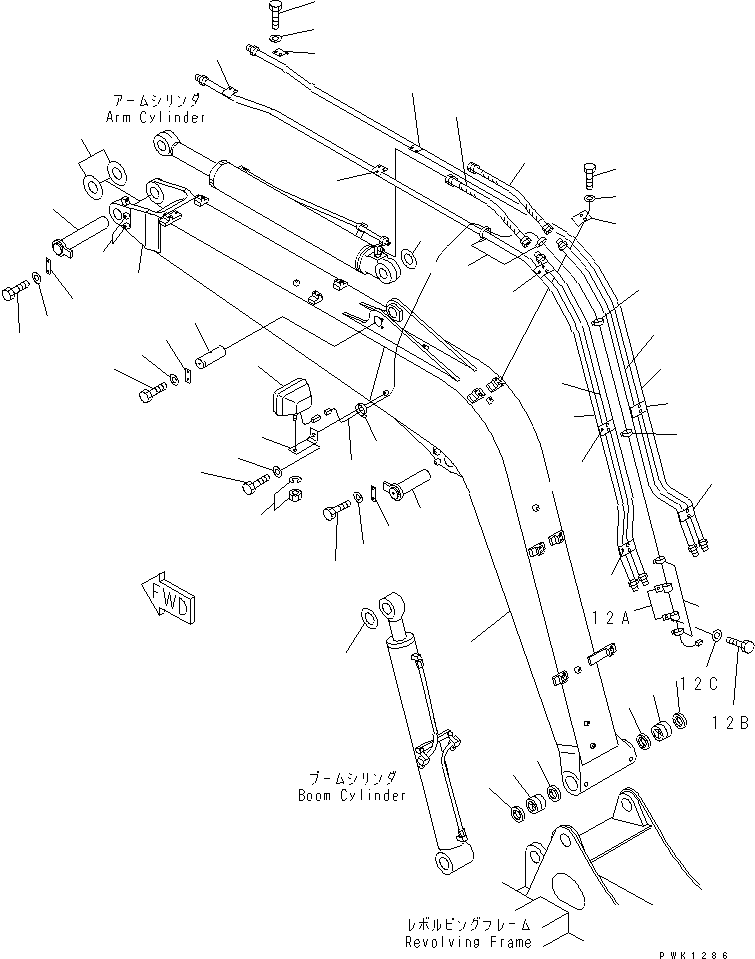 Komatsu parts book diagram for PC60-7 S/N 45001-UP: BOOM (BOOM ? WORK LAMP AND PIN) (FOR 1 OR 2-ACTUATER ATTACHMENT)(#52374-)