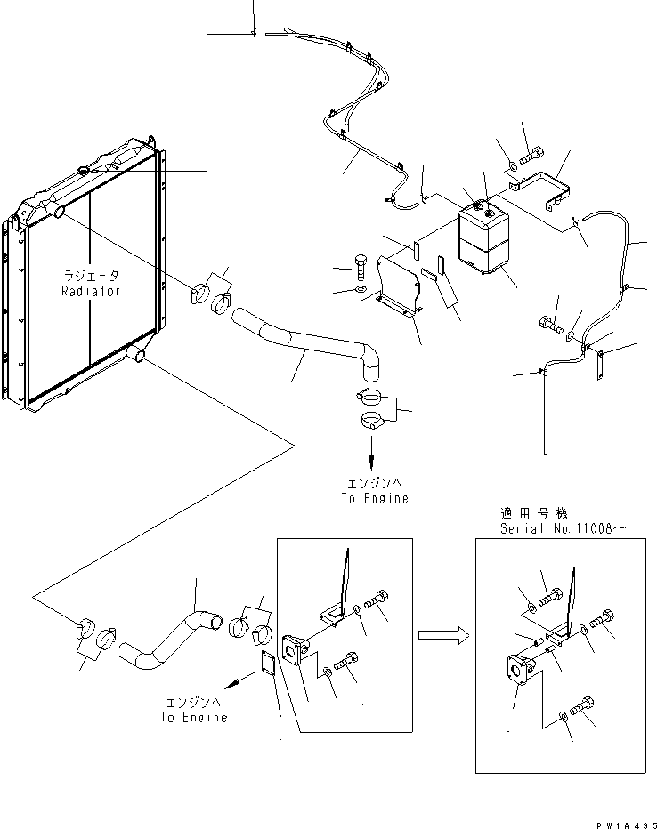 Komatsu parts book diagram for PC600-6A-KJ S/N 10001-UP: COOLING (RADIATOR PIPING)(#11001-)