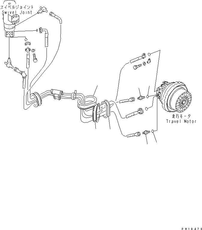 Komatsu parts book diagram for PC600-6A-KJ S/N 10001-UP: TRACK FRAME (TRAVEL PIPING) (L.H.)(#10104-)