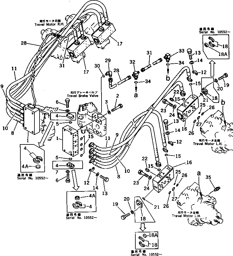 Komatsu parts book diagram for PC650SE-3 S/N 10501-UP: TRAVEL PIPING (SWIVEL JOINT TO/FROM MOTOR) (2/3) (FOR JAPAN)(#10501-10660)
