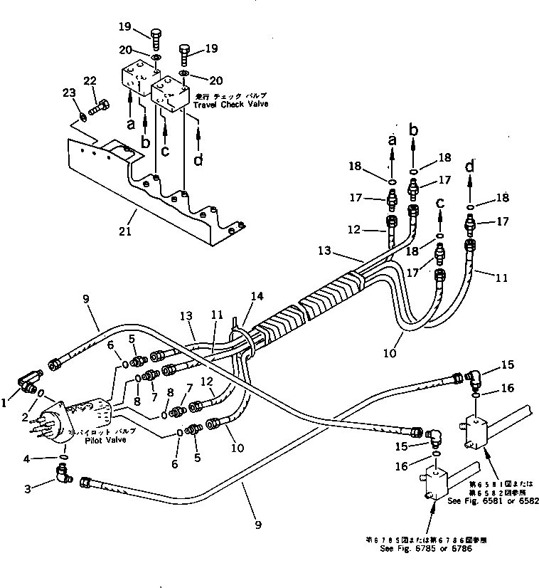 Komatsu parts book diagram for PC650SE-3 S/N 10501-UP: TRAVEL PPC VALVE TO/FROM PPC CHECK VALVE PIPING (FOR LOW CAB)