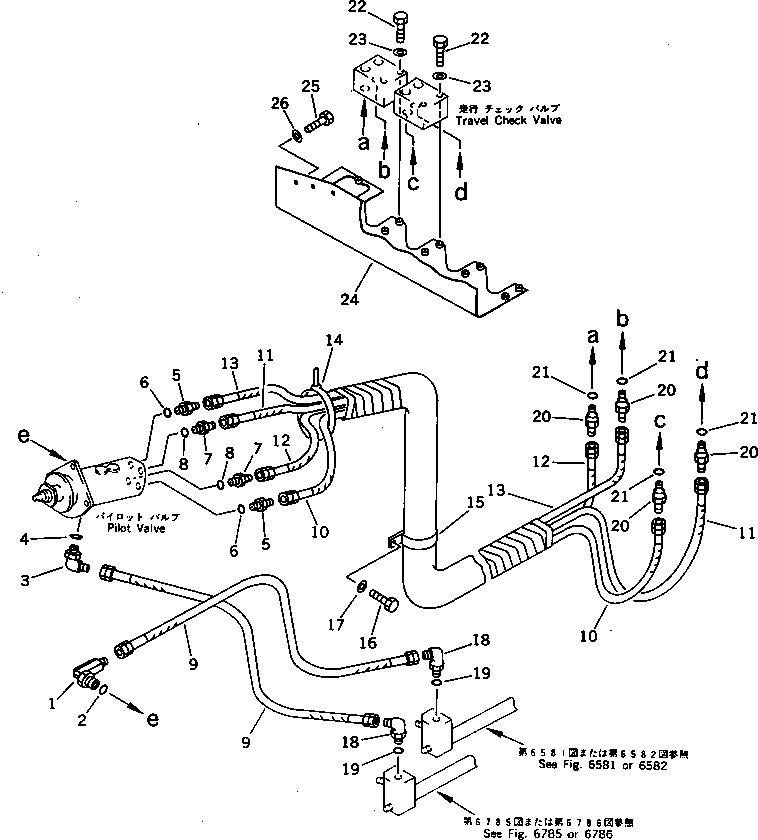 Komatsu parts book diagram for PC650SE-3 S/N 10501-UP: TRAVEL PPC VALVE TO/FROM PPC CHECK VALVE PIPING (FOR LOW CAB)
