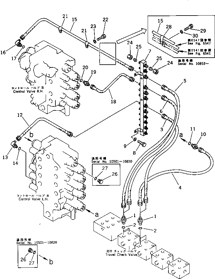 Komatsu parts book diagram for PC650SE-3 S/N 10501-UP: PPC CHECK VALVE TO/FROM CONTROL VALVE PIPING