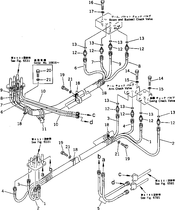 Komatsu parts book diagram for PC650SE-3 S/N 10501-UP: BRACKET TO/FROM CHECK VALVE PIPING (FOR LOW CAB) (FOR BACKHOE)   (FOR JAPAN)