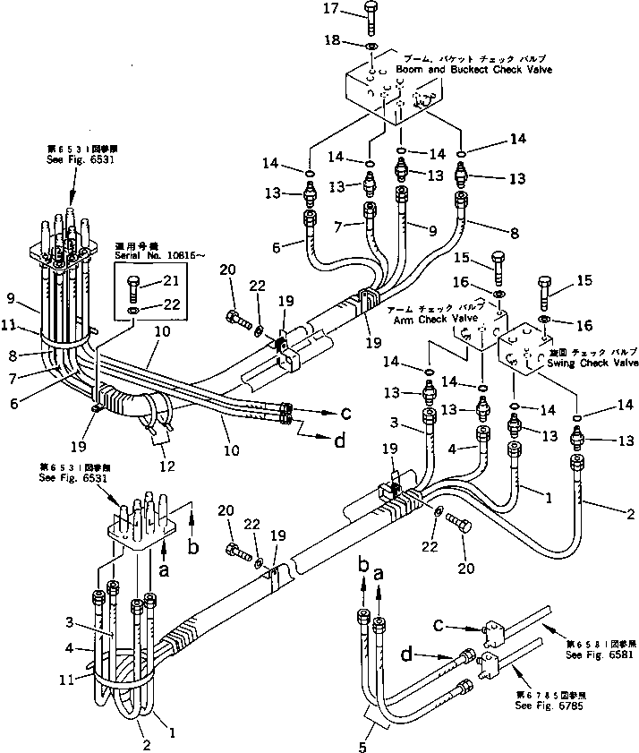 Komatsu parts book diagram for PC650SE-3 S/N 10501-UP: BRACKET TO/FROM CHECK VALVE PIPING (FOR HIGH CAB) (FOR BACKHOE)  (FOR JAPAN)