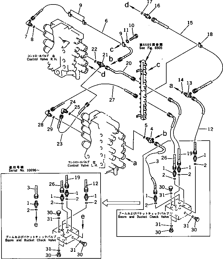 Komatsu parts book diagram for PC650SE-3 S/N 10501-UP: BOOM AND BUCKET CHECK VALVE TO/FROM CHECK VALVE PIPING(#10501-10835)