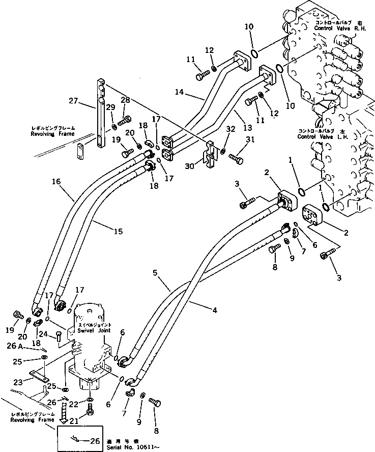 Komatsu parts book diagram for PC650SE-3 S/N 10501-UP: TRAVEL PIPING (VALVE TO/FROM SWIVEL JOINT)