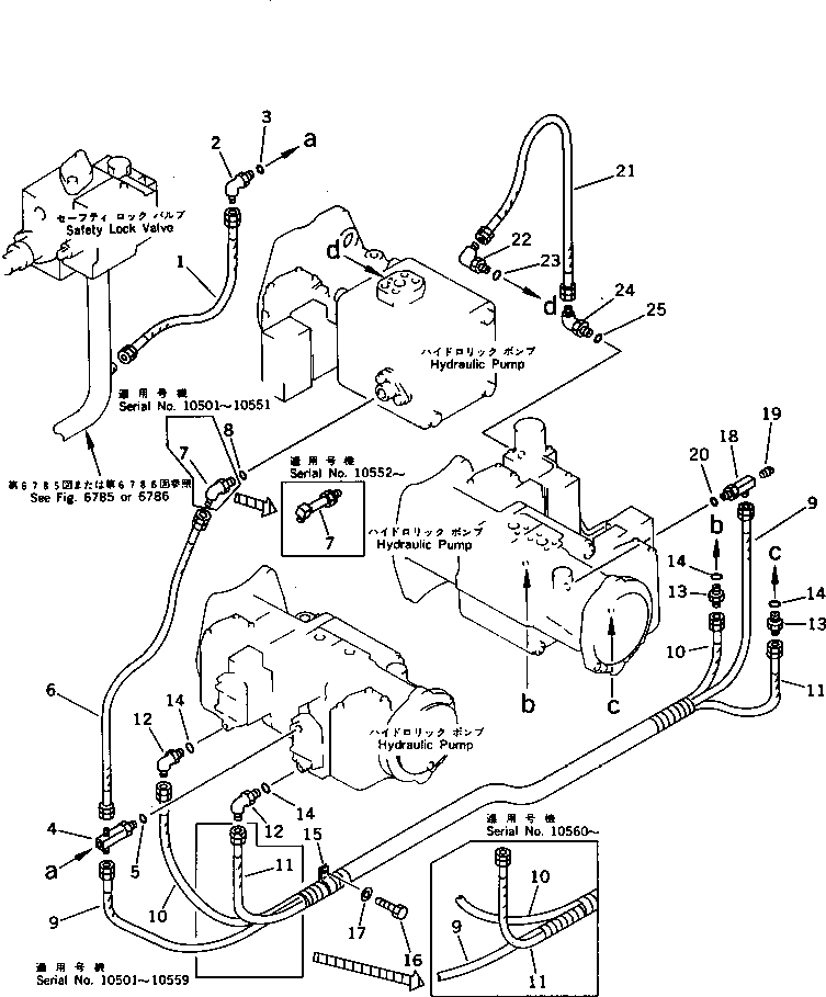 Komatsu parts book diagram for PC650SE-3 S/N 10501-UP: PUMP TO SAFETY LOCK VALVE PIPING (2/2)