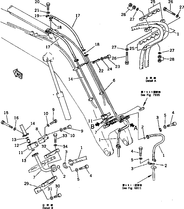Komatsu parts book diagram for PC650SE-3 S/N 10501-UP: ARM CYLINDER PIPING (FOR SHORT BOOM)