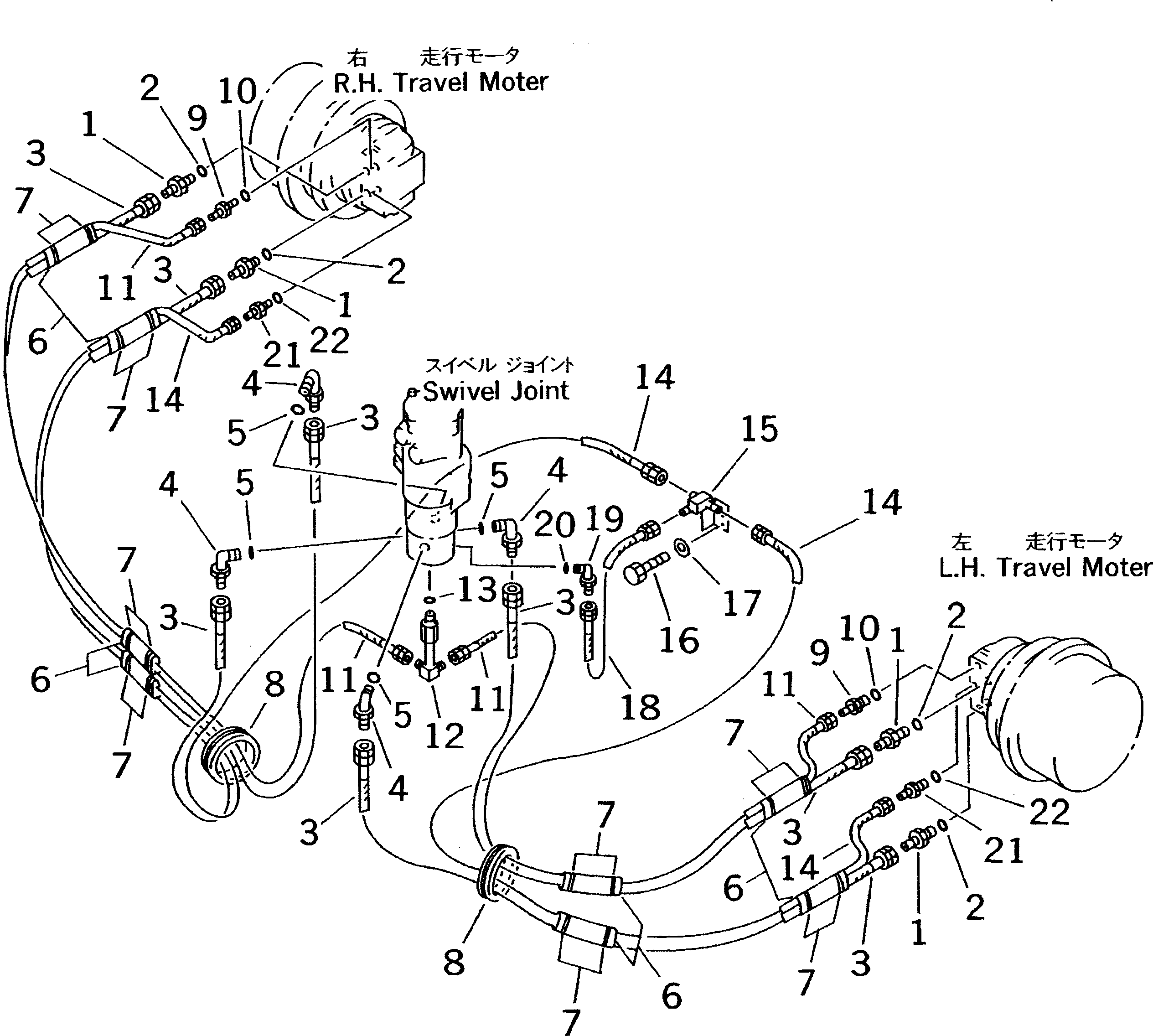 Komatsu parts book diagram for PC70-7E-B S/N 45001-UP: TRAVEL PIPING (BLADE SPEC.)(#45001-52373)