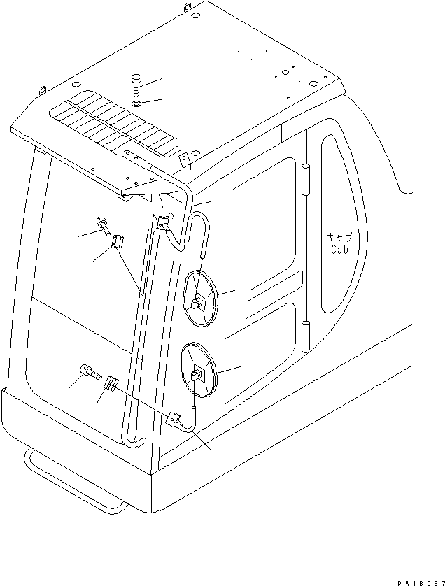 Komatsu parts book diagram for PC750SE-6 S/N 10001-UP (For North America): REAR VIEW MIRROR ? L.H. (STEP AND OPERATOR'S CAB SIDE) (WITH F.O.P.S.)(#11001-)