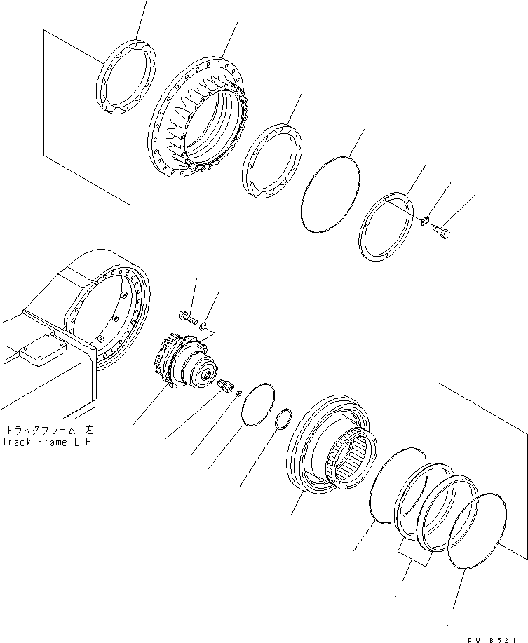 Komatsu parts book diagram for PC750SE-6-AM S/N 10001-UP: TRACK FRAME (FINAL DRIVE) (SHAFT AND HUB) (L.H.)(#11001-)