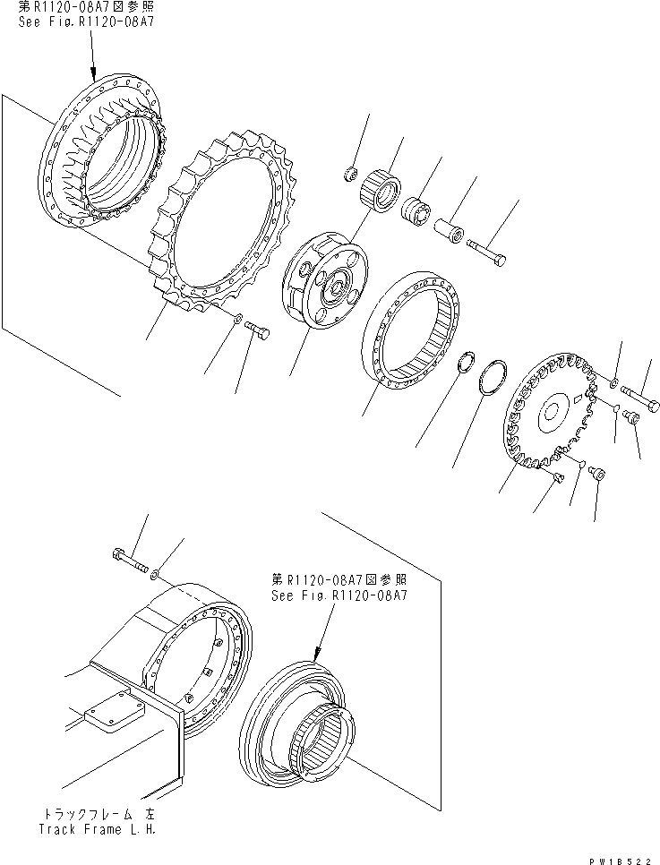Komatsu parts book diagram for PC750SE-6-AM S/N 10001-UP: TRACK FRAME (FINAL DRIVE) (3RD CARRIER AND SPROCKET) (L.H.)(#11001-)