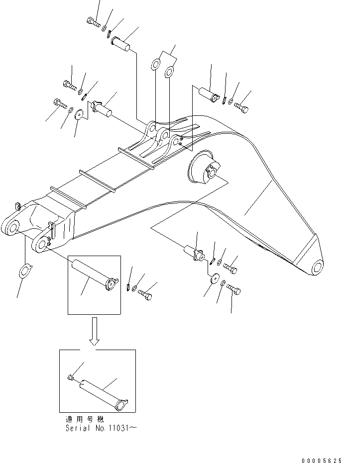 Komatsu parts book diagram for PC750SE-6-AM S/N 10001-UP: BOOM (7.1M) (BOOM PIN) (FOR BACKHOE)(#11001-)