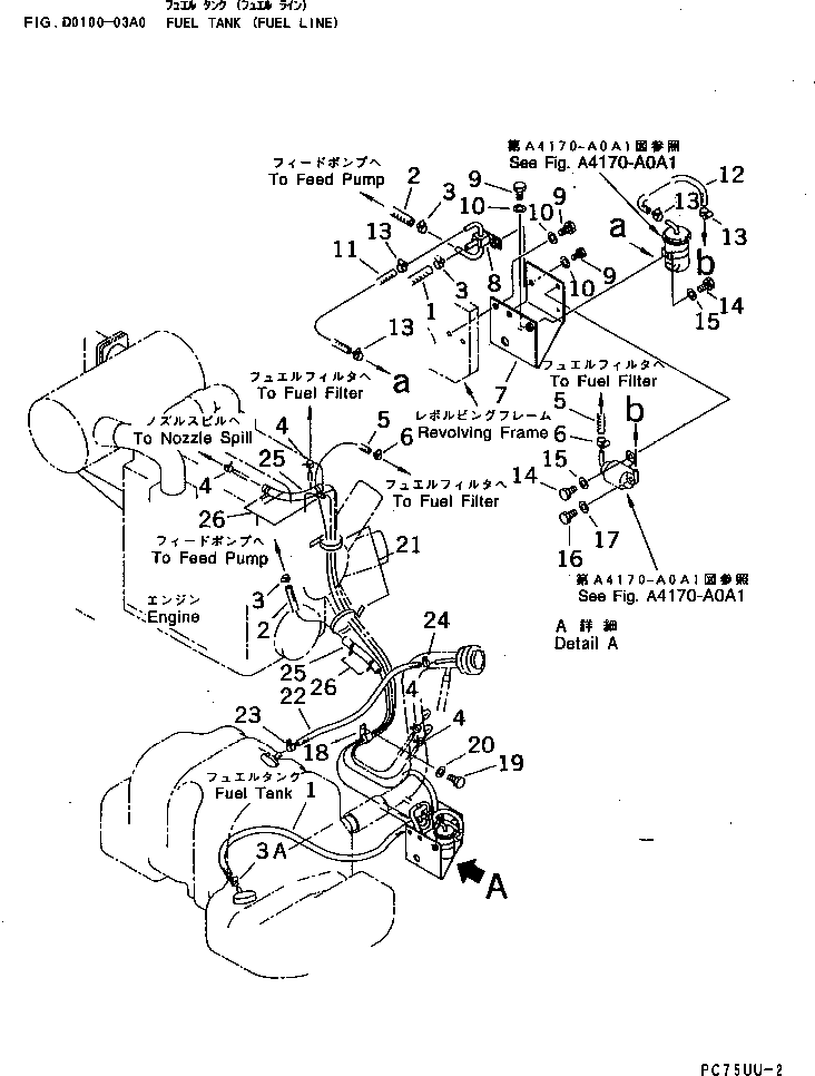Komatsu parts book diagram for PC75UD-2 S/N 5001-UP: FUEL TANK (FUEL LINE)