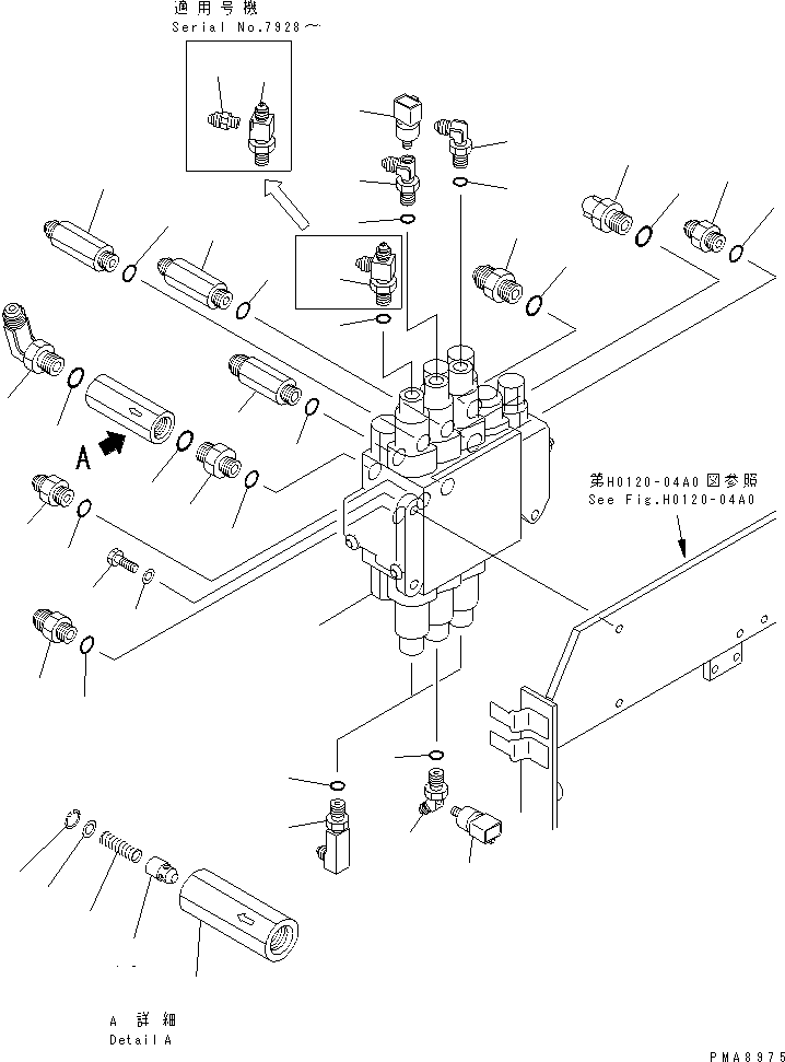 Komatsu parts book diagram for PC75UD-2 S/N 5001-UP: MAIN VALVE (MOUNT AND ELBOW) (FOR UPPER VALVE)