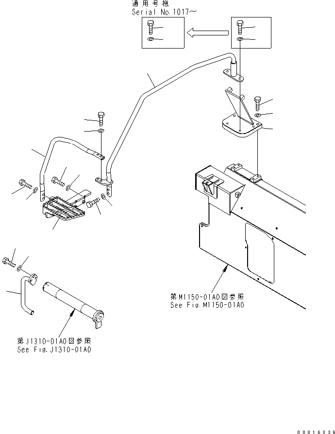 Komatsu parts book diagram for PC78MR-6 S/N 1001-UP (For North America): FRONT COVER (STEP AND HANDRAIL) (ATTACHMENT) (YELLOW)(#1001-1094)
