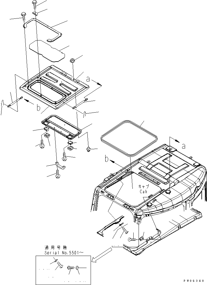 Komatsu parts book diagram for PC78US-6 S/N 4001-UP: OPERATOR'S CAB (ROOF WINDOW) (DEMOLITION SPEC.) (FOR KOMTRAX)(#4834-)