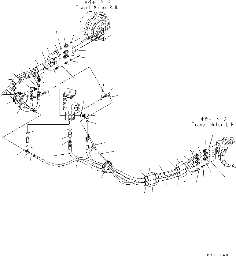 Komatsu parts book diagram for PC78US-6 S/N 4001-UP: LOWER HYDRAULIC PIPING (TRAVEL LINE) (WITH BLADE)