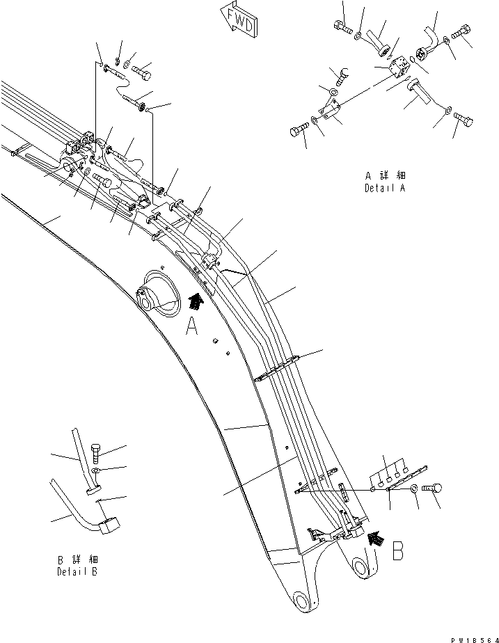 Komatsu parts book diagram for PC800-7 S/N 40001-UP (Overseas Version): BOOM (8.2M) (ARM CYLINDER PIPING) (1/2) (FOR BACKHOE)