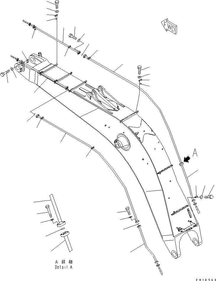 Komatsu parts book diagram for PC800-7 S/N 40001-UP (Overseas Version): BOOM (8.2M) (BUCKET CYLINDER PIPING) (FOR BACKHOE)