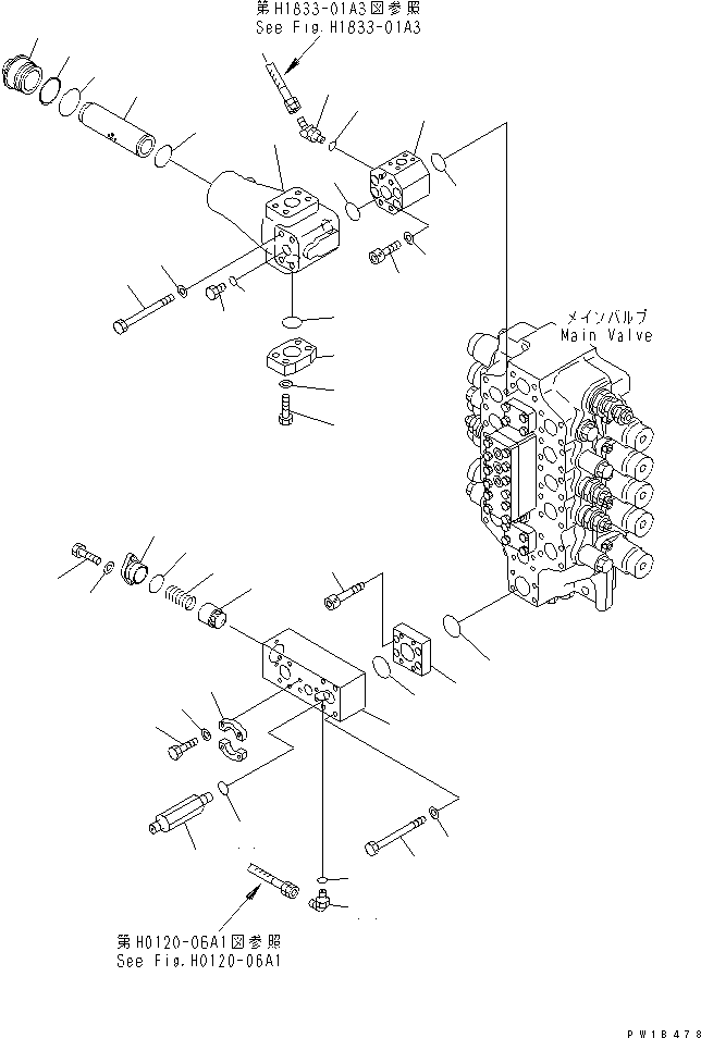 Excavators Komatsu / PC800SE-6-AM S/N 30001-UP(pc800s0r) / MAIN VALVE (5-SPOOL VALVE) (LIFT CHECK VALVE AND INLINE FILTER)(#31001-)(150070 : H0120-02A1)