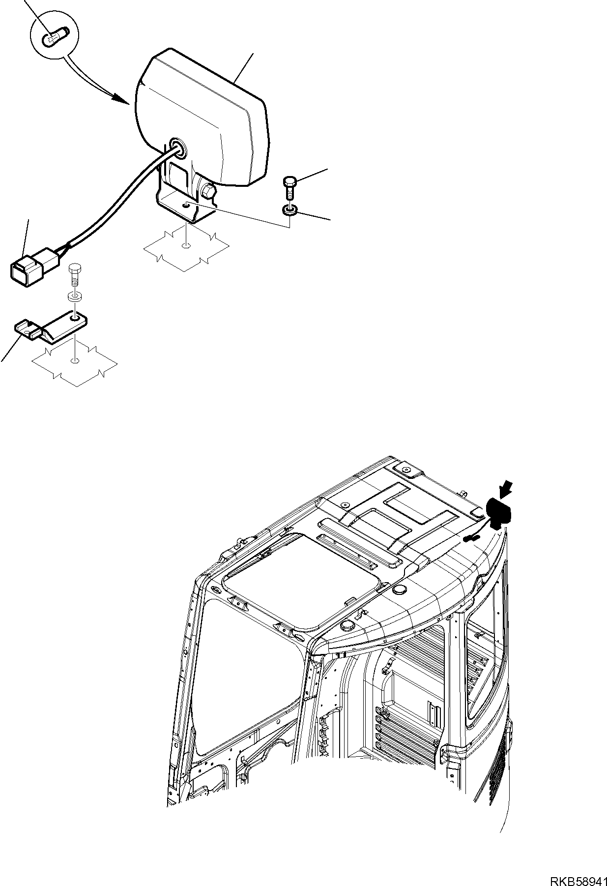 Komatsu parts book diagram for PC88MR-6 S/N F00003 AND UP: REAR WORK LIGHT, L.H. (FOR CAB)