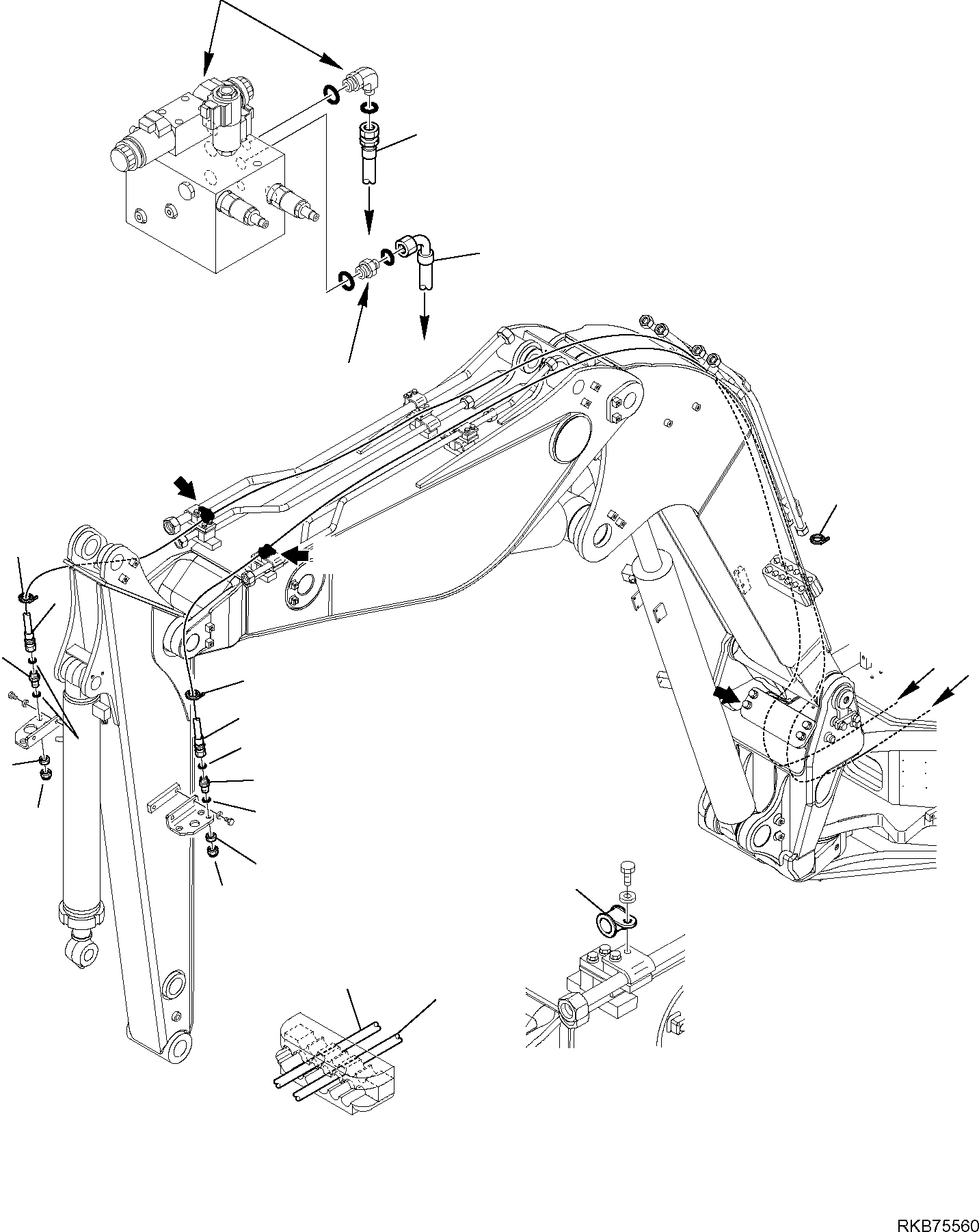 Komatsu parts book diagram for PC88MR-6 S/N F00003 AND UP: HYDRAULIC PIPING (ROTATING-CUTTING BUCKET CYLINDER LINE)(FOR 2-PIECE BOOM) (3/6)