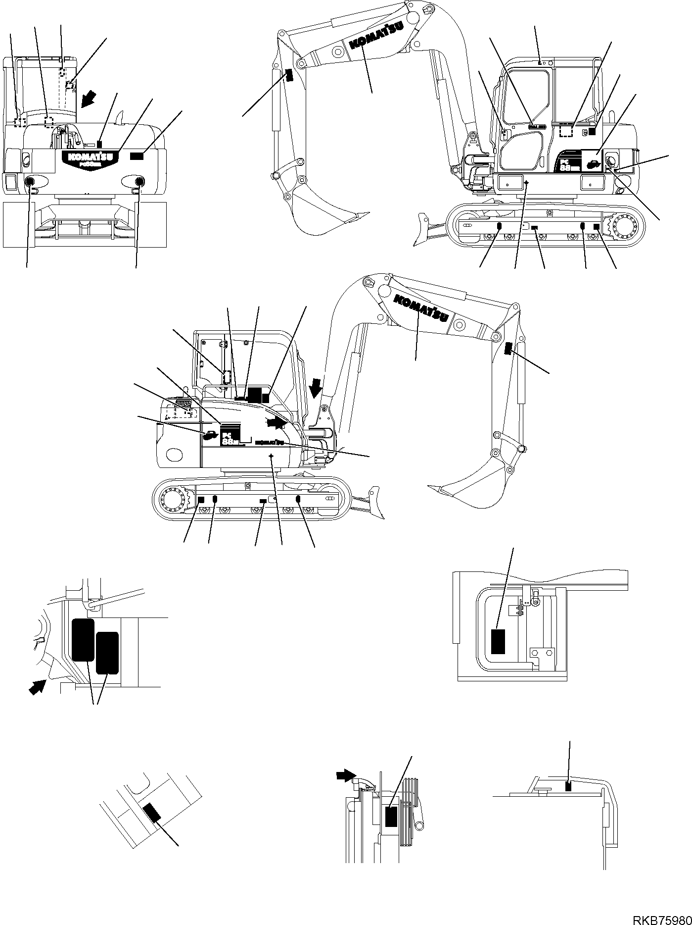Komatsu parts book diagram for PC88MR-6 S/N F00003 AND UP: MARK PLATE (WITH 2-PIECE BOOM) (1/2)