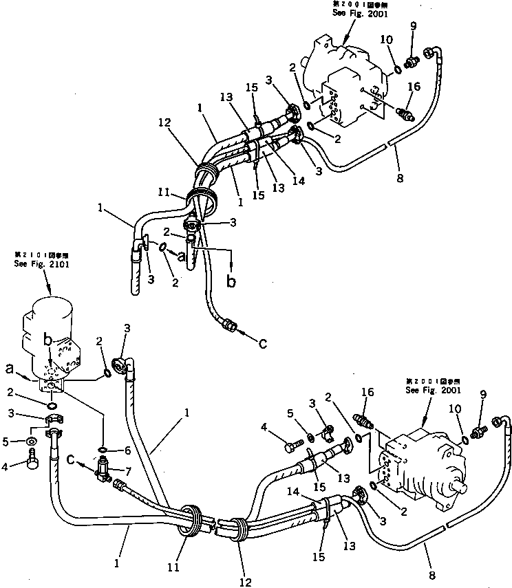 Komatsu parts book diagram for PF5-1 S/N 10001-UP: HYDRAULIC PIPING (SWIVEL JOINT TO/FROM TRAVEL MOTOR)(#10001-10278)