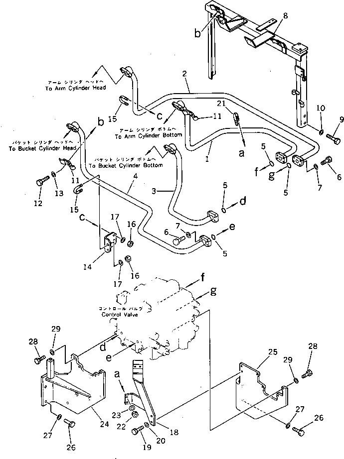 Komatsu parts book diagram for PF5-1 S/N 10001-UP: HYDRAULIC PIPING (ARM ? BUCKET CYLINDER LINE) (CHASSIS SIDE)