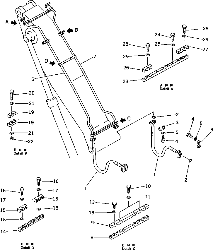 Komatsu parts book diagram for PF5-1 S/N 10001-UP: HYDRAULIC PIPING (1/3) (BUCKET CYLINDER LINE)