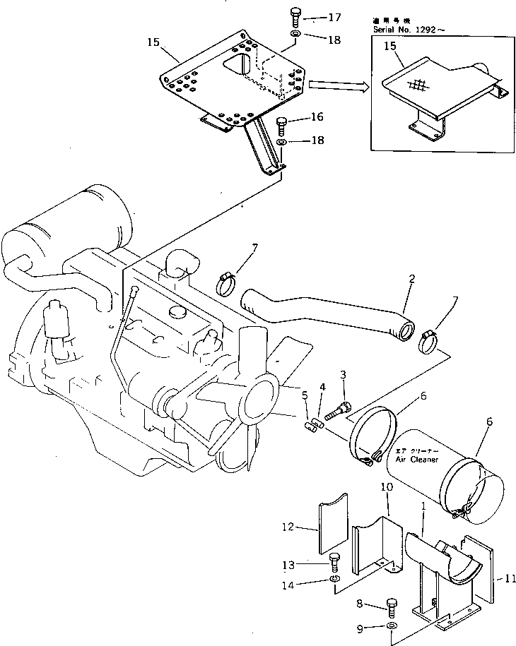 Komatsu parts book diagram for PW150-1 S/N 1001-UP: AIR CLEANER CONNECTION AND STEP