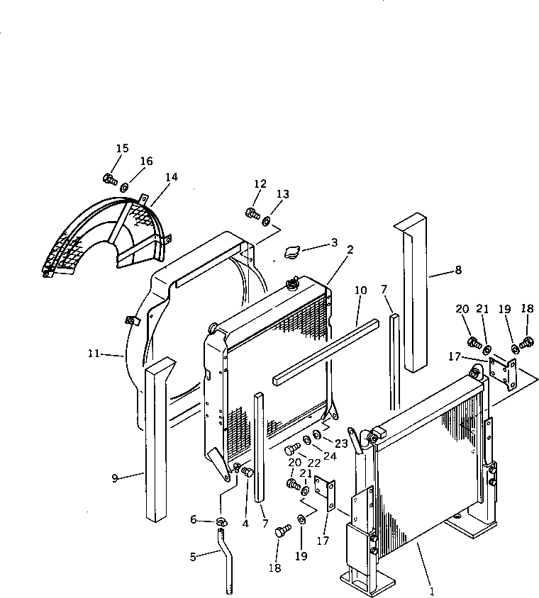 Komatsu parts book diagram for PW150-1 S/N 1001-UP: RADIATOR AND OIL COOLER