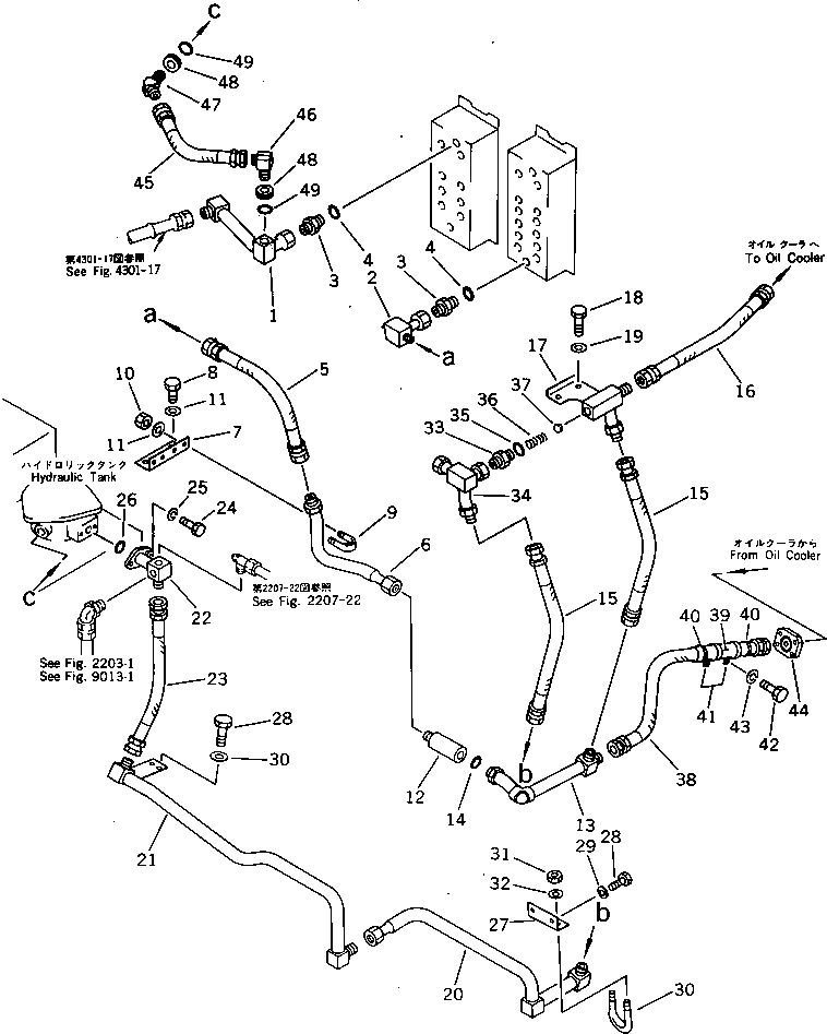 Komatsu parts book diagram for PW150-1 S/N 1001-UP: HYDRAULIC PIPING (2/3) (VALVE TO OIL COOLER)(#1001-1188)