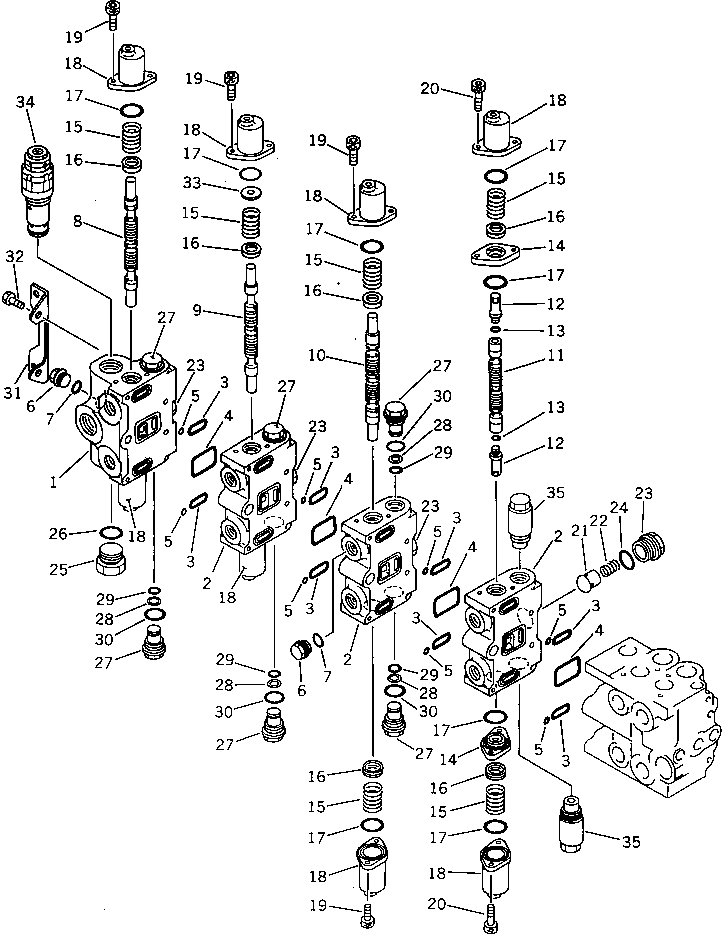 Komatsu parts book diagram for PW150-1 S/N 1001-UP: CONTROL VALVE ? L.H. (BOOM ? BUCKET HIGH ? SWING ? OUTRIGGER) (1/4)