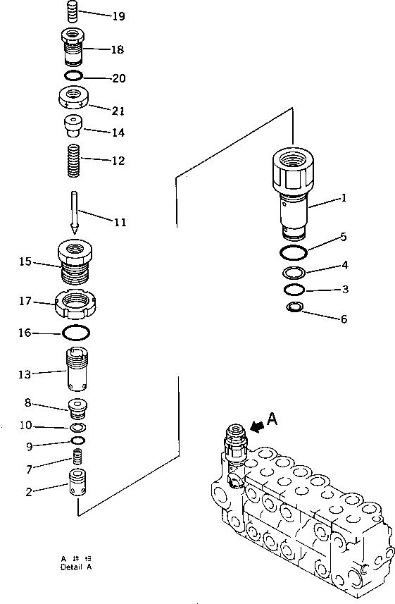 Komatsu parts book diagram for PW150-1 S/N 1001-UP: CONTROL VALVE ? L.H. (RELIEF VALVE) (3/4)