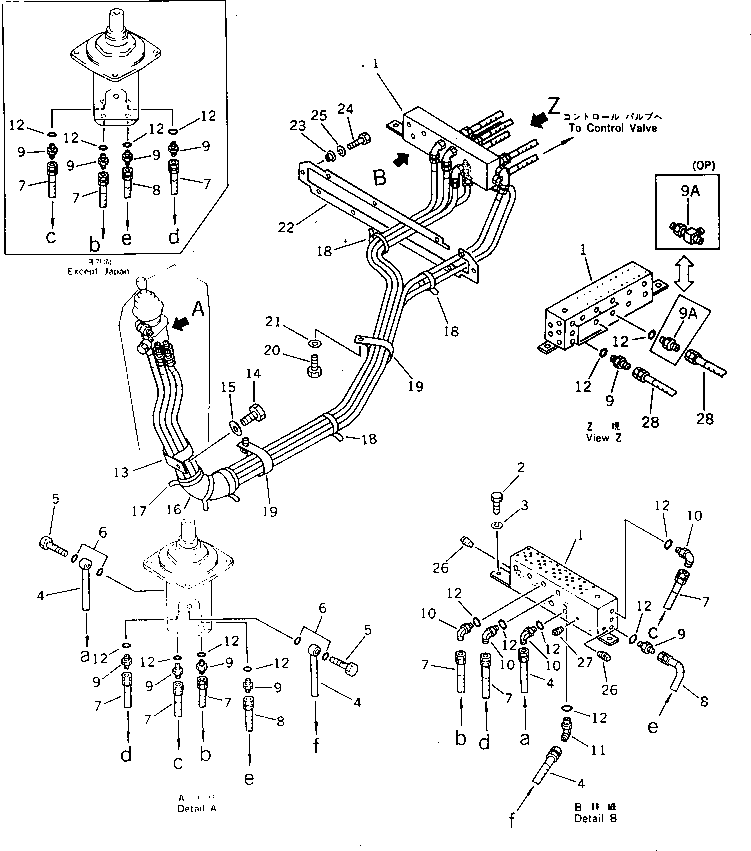 Komatsu parts book diagram for PW150-1 S/N 1001-UP: HYDRAULIC PIPING (1/8) (L.H. ? P.P.C)(#1001-1143)